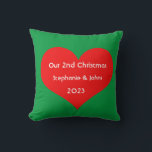 Our Second Christmas Together Cute Red Heart 2023  Throw Pillow<br><div class="desc">Personalized names and printed with cute red heart design in solid green background. Feel free to customize by adding your own texts,  names or photos. The colour of the background and the year can also be changed as you want!</div>