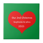 Our Second Christmas Together Cute Red Heart 2023  Tile<br><div class="desc">Personalized names and printed with cute red heart design in solid green background. Feel free to customize by adding your own texts,  names or photos. The colour of the background and the year can also be changed as you want!</div>
