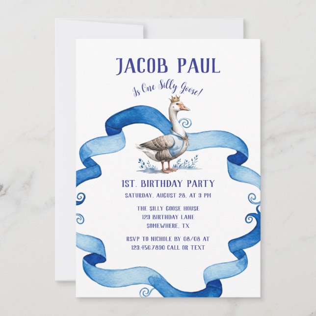 Our Silly Goose Is Turning One Birthday Boy Invitation (Front)