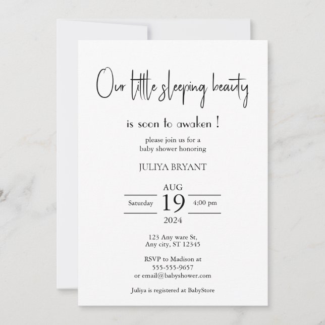 Our sleeping beauty minimalist baby shower invitation (Front)