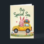 Our Special Son Greeting Card<br><div class="desc">This card shows a cheerful bunny 🐰 sitting in the driver’s seat of a bright yellow, vintage-style compact car, smiling with rosy cheeks and long pink ears tilted as if enjoying the ride. The car sits across the lower middle of the scene on a pale cream background, with rounded details...</div>