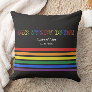 Our Story Begins Rainbow LGBTQ Flag Couple Throw Pillow