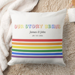 Our Story Begins Rainbow LGBTQ Flag Couple Throw Pillow