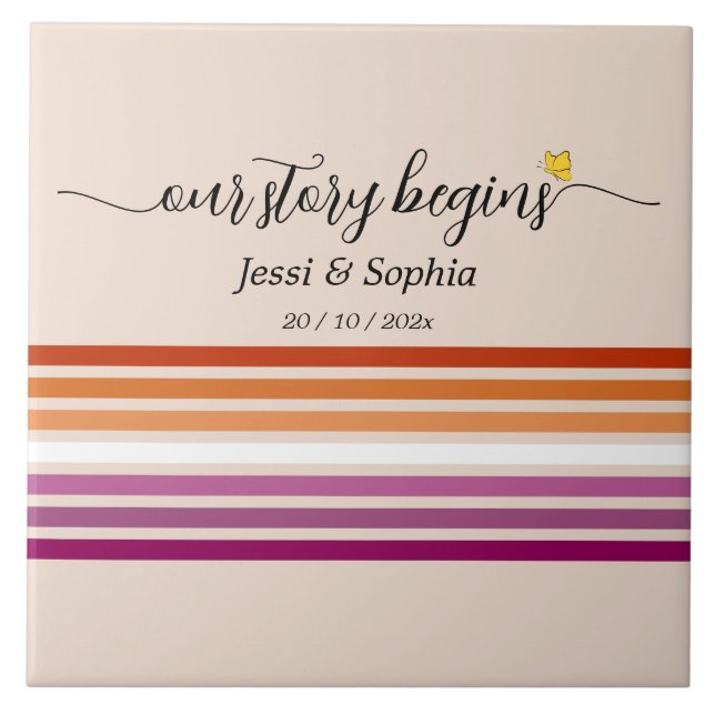 Our Story Begins Sunset Lesbian Flag Ceramic Tile (Front)