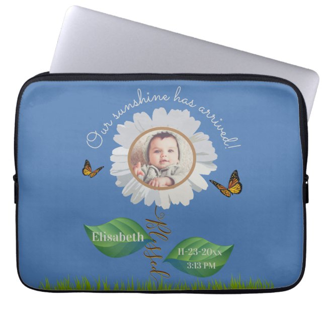 Our Sunshine Baby Announcement Floral Daisy Photo  Laptop Sleeve (Front)
