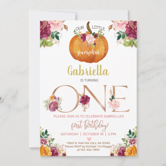 Our sweet little pumpkin 1st first birthday invite (Front)