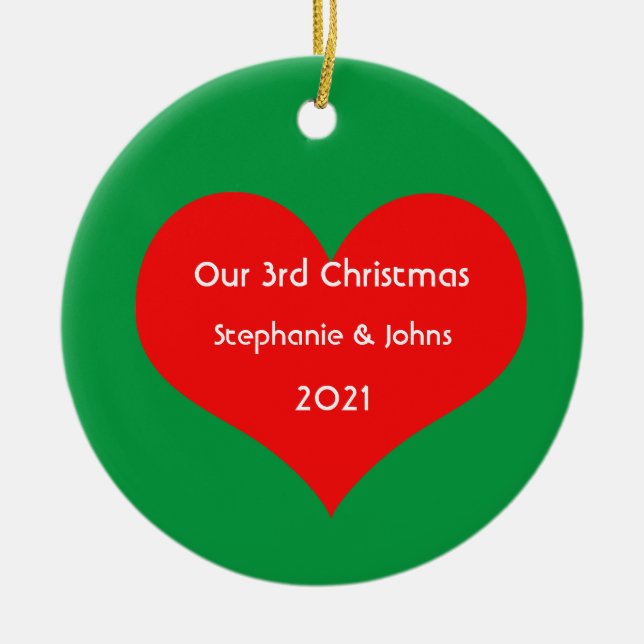 Our Third Christmas Together Cute Red Heart 2021 Ceramic Ornament (Front)