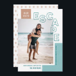 Our Travel Escape | Beach Modern Photo Christmas Holiday Card<br><div class="desc">Were you finally able to travel? Share about your adventure with this stylish photo holiday card! It features a modern outline text overlay, reading, "ESCAPE, " along with text templates for personalization! A colour scheme of teal aqua, light smoky teal, and light terracotta coral give these Christmas photo cards a...</div>