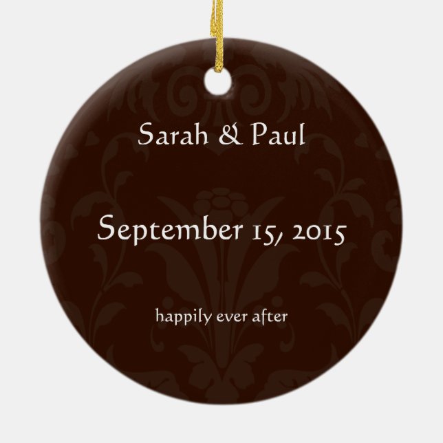 Our Wedding Brown Damask Photo Ornament (Back)