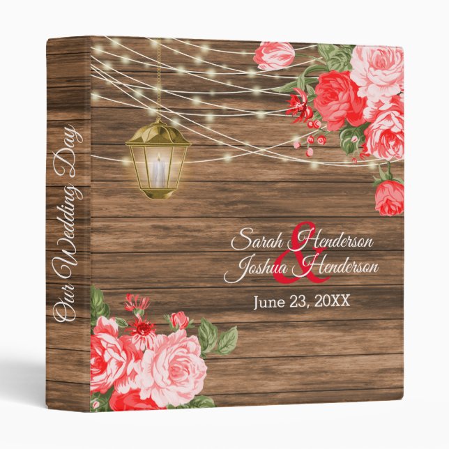 Our Wedding Day | Barnwood, Lantern & Red Flower Binder (Front/Spine)