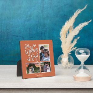 Our Wedding Day Collage 3 Photo Script Terracotta  Plaque