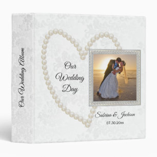 Our Wedding Day   Elegant White Damask and Pearls Binder