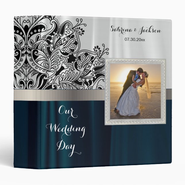 Our Wedding Day | Elegant White & Dark Blue Satin Binder (Front/Spine)