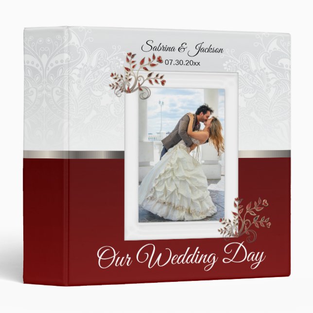 Our Wedding Day | Elegant White & Dark Red Binder (Front/Spine)
