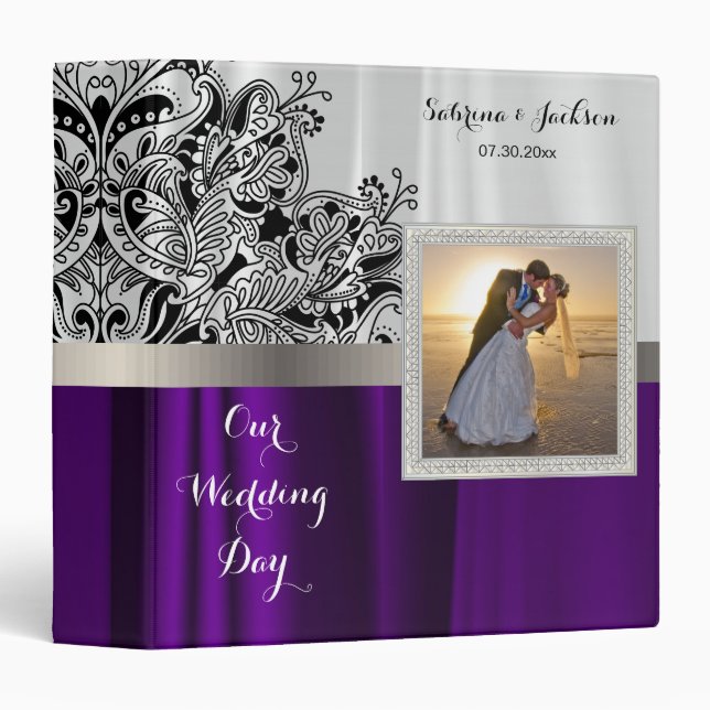 Our Wedding Day | Elegant White & Purple Satin Binder (Front/Spine)