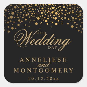 Our Wedding Day Gold Dots on Black   Personalize Square Sticker