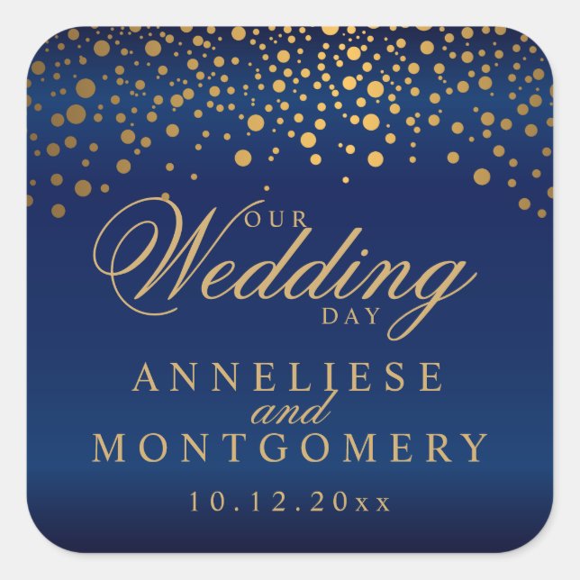 Our Wedding Day Gold Dots on Navy Blue Square Sticker (Front)