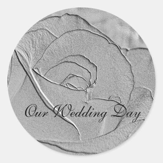 Our Wedding Day Silver Emboss Look Rose Classic Round Sticker (Front)