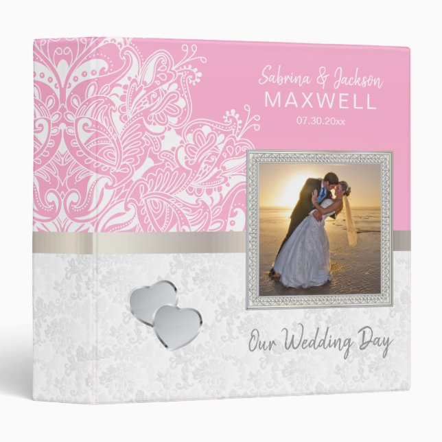 Our Wedding Day | White Damask & Pink Binder (Front/Spine)