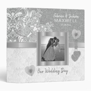 Our Wedding Day   White Damask & Silver Binder