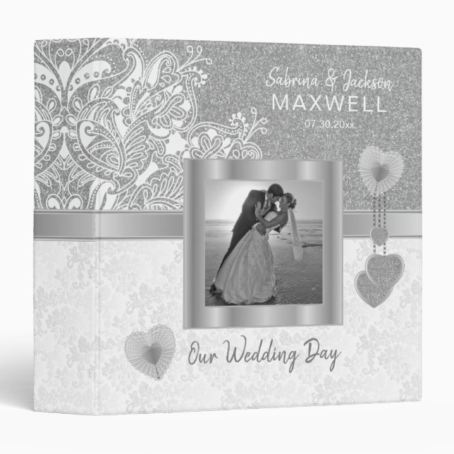 Our Wedding Day | White Damask & Silver Binder (Front/Spine)