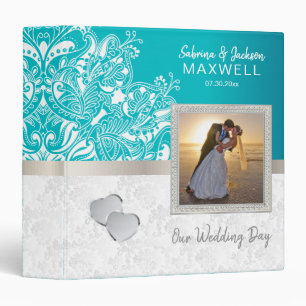 Our Wedding Day   White Damask & Teal Binder