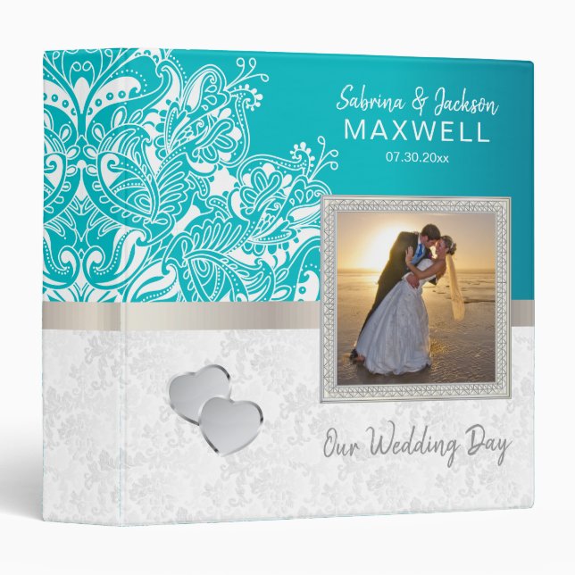Our Wedding Day | White Damask & Teal Binder (Front/Spine)