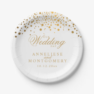 Our Wedding Day White & Gold Confetti Dots Paper Plate