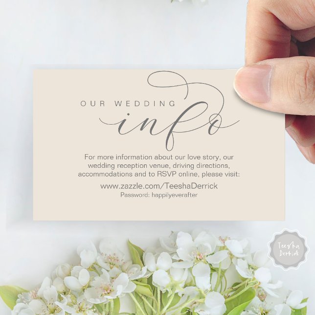 Our Wedding Details and Website, Modern Minimal Enclosure Card (Our Wedding Info, Details Enclosed Small Card, RSVP, Website Address, in Dark Grey Cream)