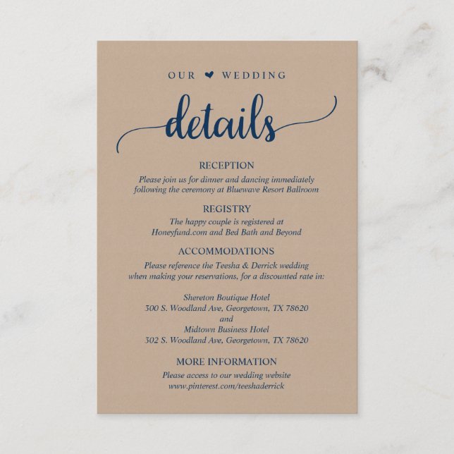 Our Wedding Details, Rustic Brown Kraft Navy Blue Enclosure Card (Front)
