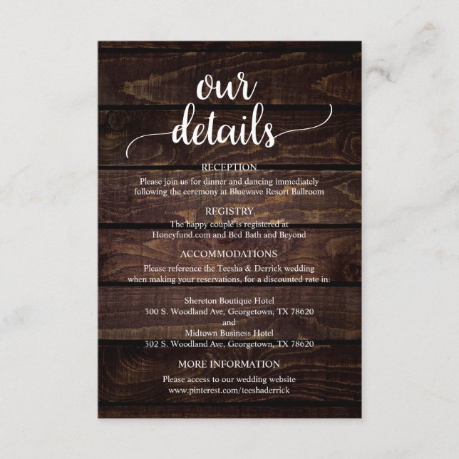 Our Wedding Details, Rustic Dark Wood Themed Enclosure Card (Front)