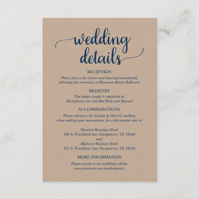 Our Wedding Details, Rustic Kraft Navy Blue Script Enclosure Card (Front)