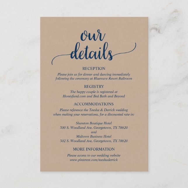 Our Wedding Details,  Rustic Navy Blue Script Enclosure Card (Front)
