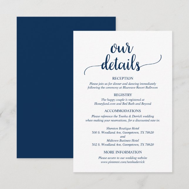 Our Wedding Details, Rustic Navy Blue Script  Enclosure Card (Front/Back)