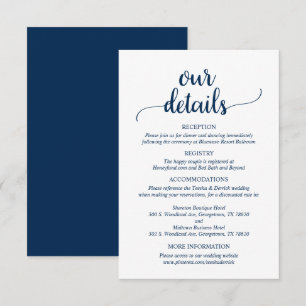 Our Wedding Details, Rustic Navy Blue Script Enclosure Card