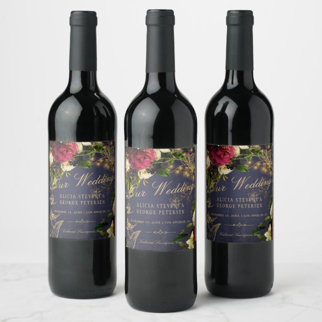 Our Wedding elegant navy burgundy gold typography Wine Label (Bottles)