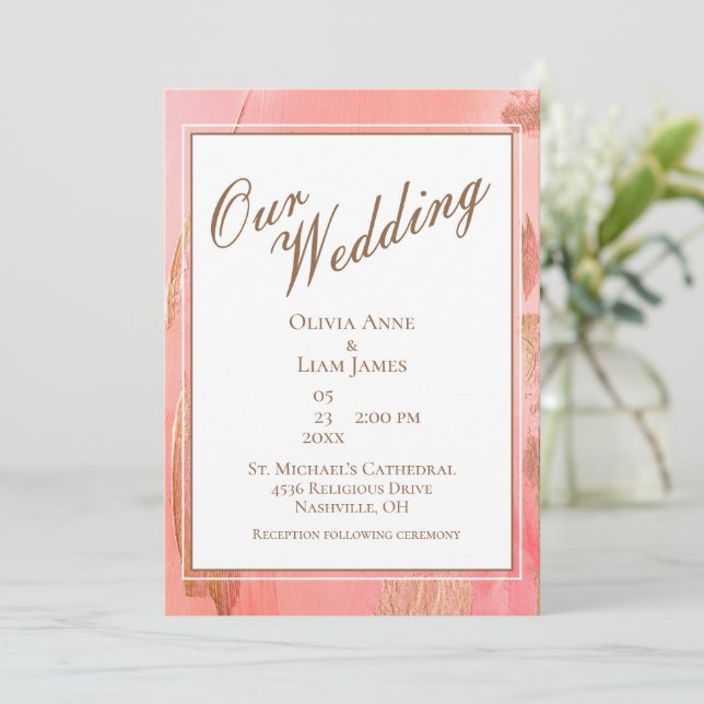 Our Wedding Gold Pink Peach Modern Elegant Wedding Invitation (Standing Front)
