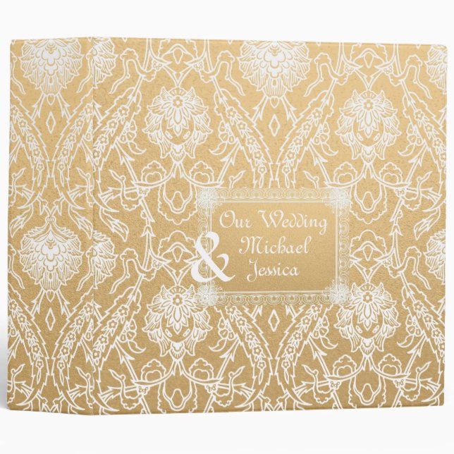 Our Wedding Gold & White Lacy Damask Planner Binder (Front/Spine)