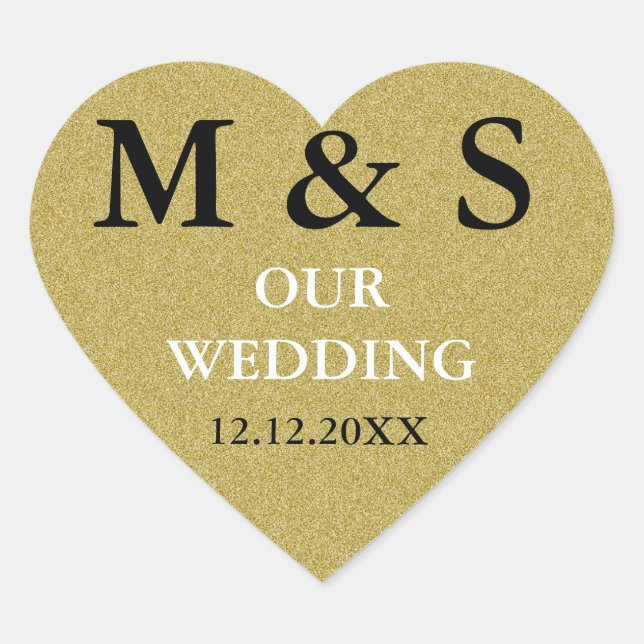 Our Wedding Heart Stickers Glitter Gold Monogram (Front)