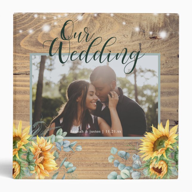 Our Wedding Rustic Wood Sunflower Photo Planner  Binder (Front)