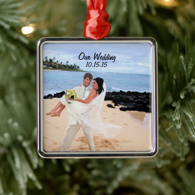 Our Wedding Silver Metal Photo Ornament (Tree)