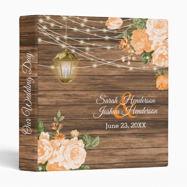 Our Wedding | Wood, String Lights & Orange Floral Binder (Front/Spine)