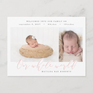 Our whole world multi photo birth announcement postcard