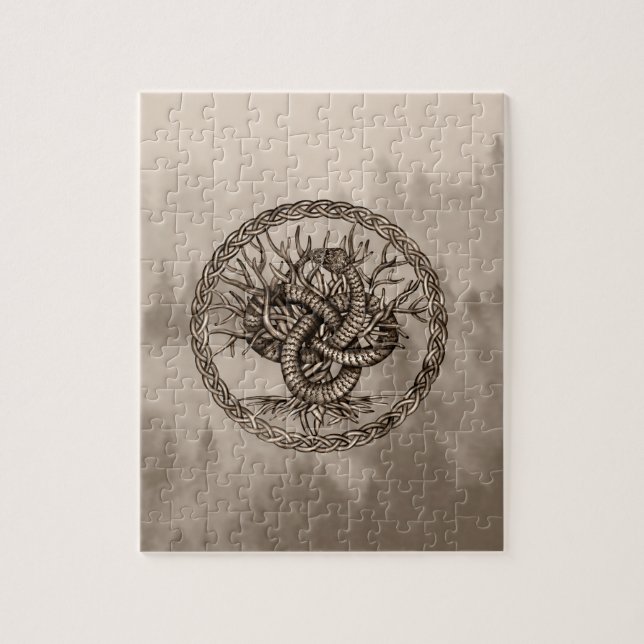 Ouroboros Celtic Knot with Tree of Life Sepia Jigsaw Puzzle (Vertical)