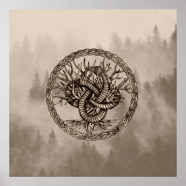 Ouroboros Celtic Knot with Tree of Life Sepia Poster (Front)