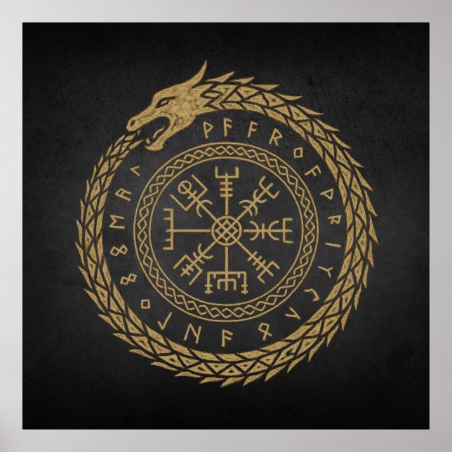 Ouroboros & Vegvisir – Norse Compass Rune Circle D Poster (Front)
