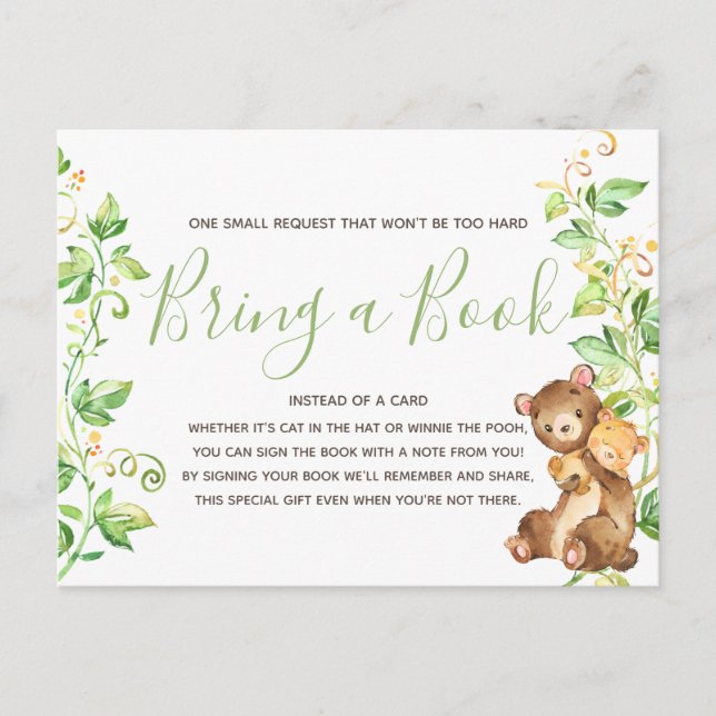Ours Animal Baby Shower Apporter un Livre Carte de (Devant)