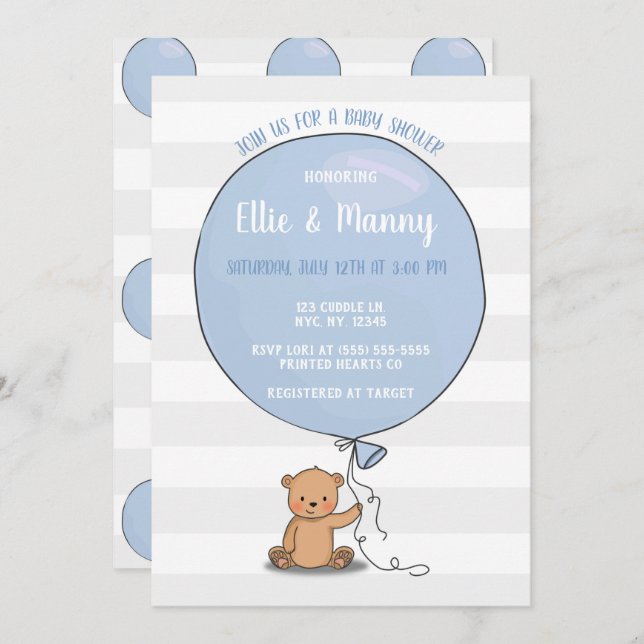 Ours avec Baby shower à ballon Invitation | Bleu (Devant / Derrière)