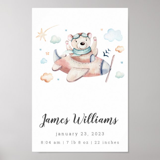 Ours Avion Bébé Statistiques de naissance Poster p (Devant)