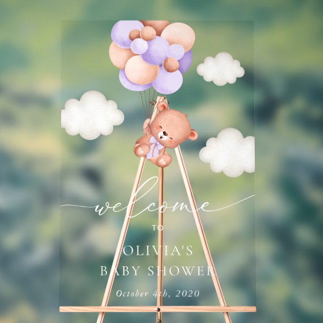 Ours, Ballons pourpres, Baby shower Bienvenue (Neutre)